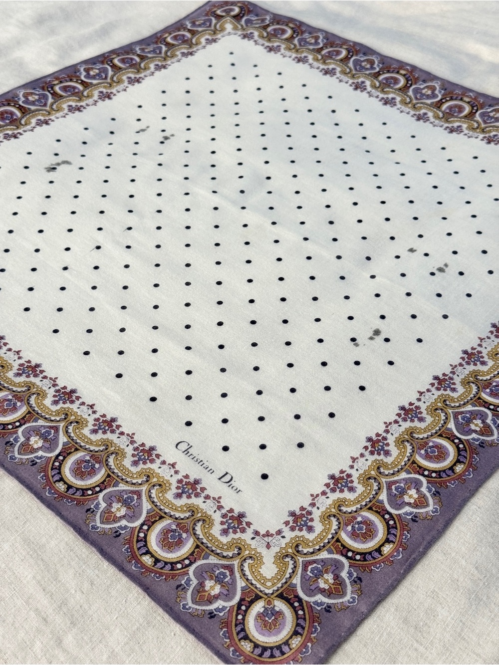 Vintage Christian Dior Polka Dot Paisley Cotton Head Scarf Bandana Made in Japan